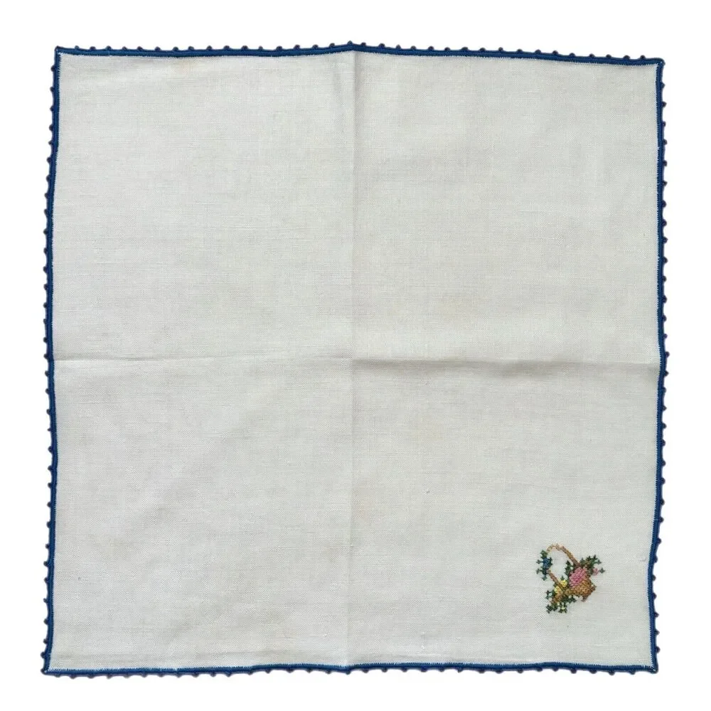 Vintage Cottage Cross Stitch Luncheon Napkins Linen Shabby Decor Embroidered